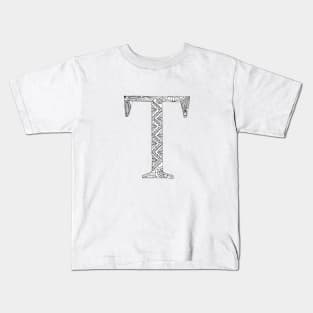 Henna Alphabet T / Henna Letter T - Black Henna Line Art Kids T-Shirt